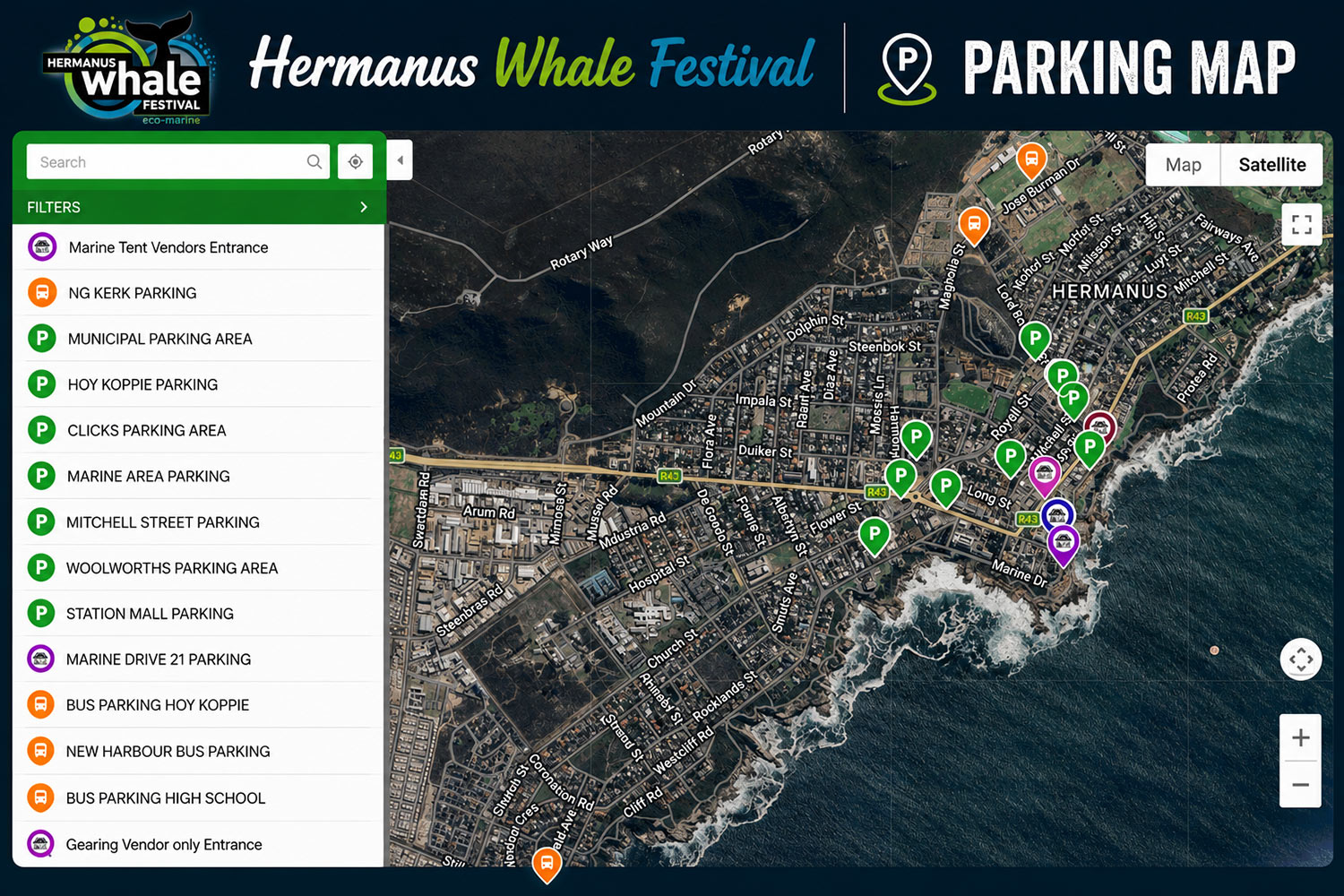 Parking areas map for the Hermanus Whale Festival